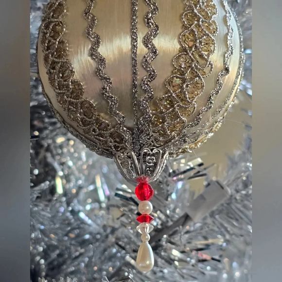 Beautiful Vintage Handmade Beaded Christmas Ornament | Silver Gold Red Pearl - Picture 4 of 4